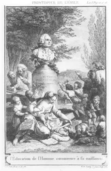 Frontispício de &39;Emile&39; por Jean-Jacques Rousseau (1712-1778), gravado por Robert Delaunay (1749-1814), c.1780